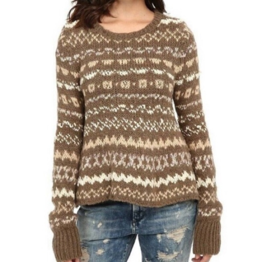 Free People Through the Storm Fair Isle Taupe Oversized striped Sweater XS